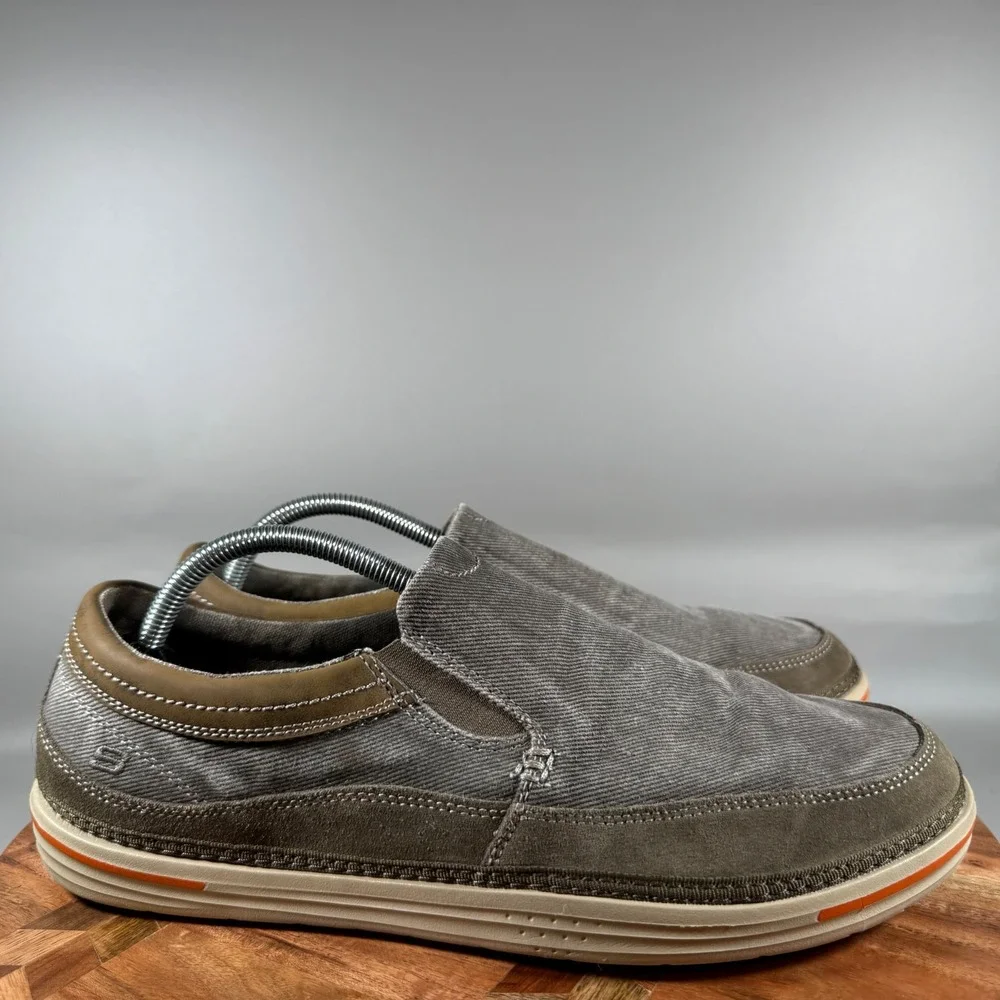 Skechers Relaxed Fit Mens 10‎ Gray Textile Leather Memory Foam Slip On Shoes